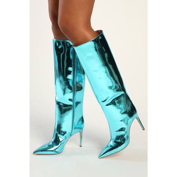 Schutz Mary Mary Up Turquoise Metallic Leather Pointed-Toe Knee-High Boots - Picture 1 of 12